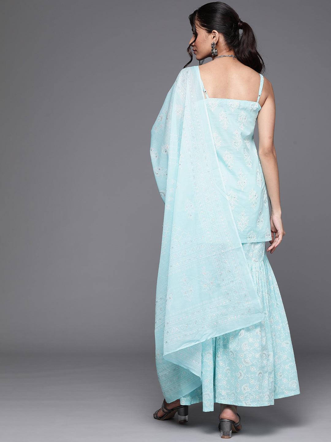 Blue Printed Cotton Suit Set - ShopLibas
