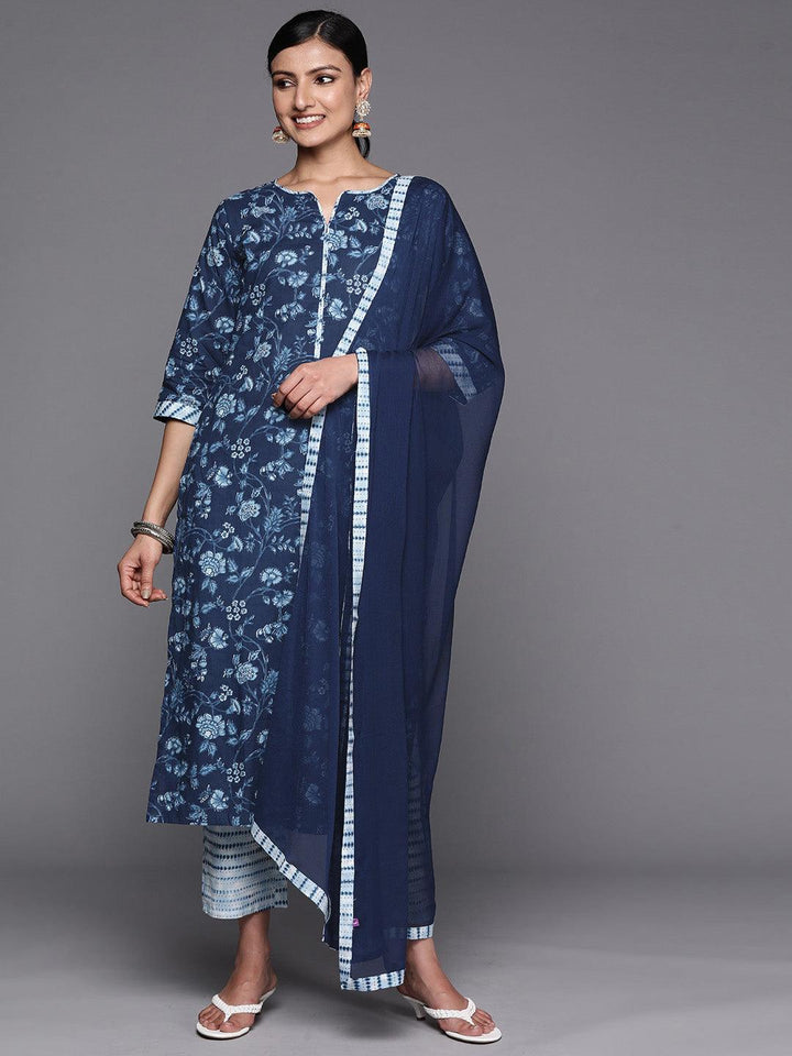 Blue Cotton Printed Straight Suit Set With Trousers