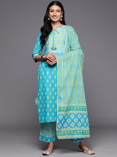 Blue Printed Cotton Straight Suit Set With Trousers - ShopLibas
