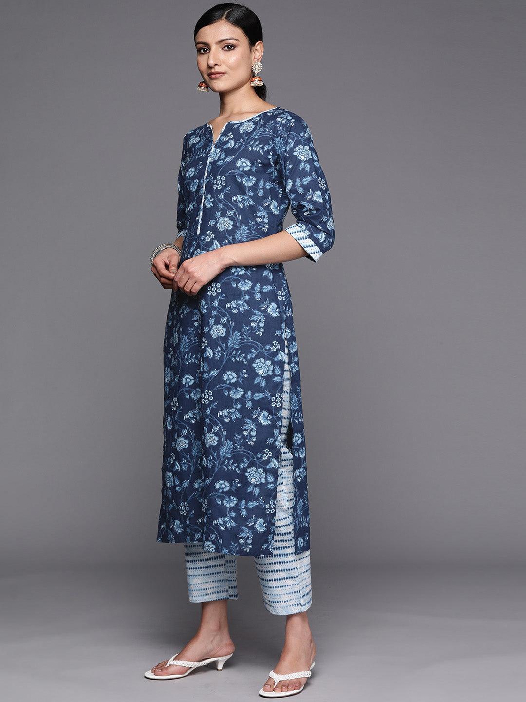 Blue Cotton Printed Straight Suit Set With Trousers - ShopLibas 