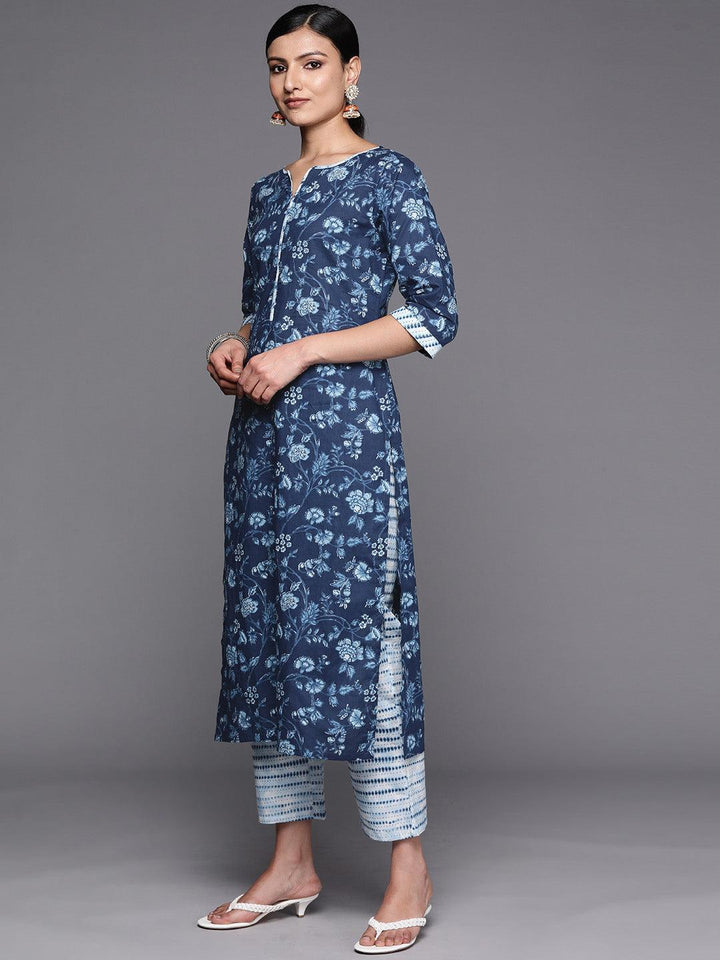 Blue Cotton Printed Straight Suit Set With Trousers