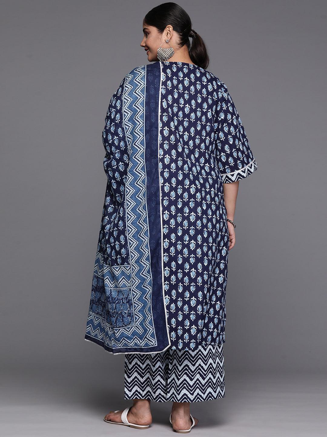 Black Yoke Design Cotton Straight Kurta With Trousers & Dupatta - Libas 