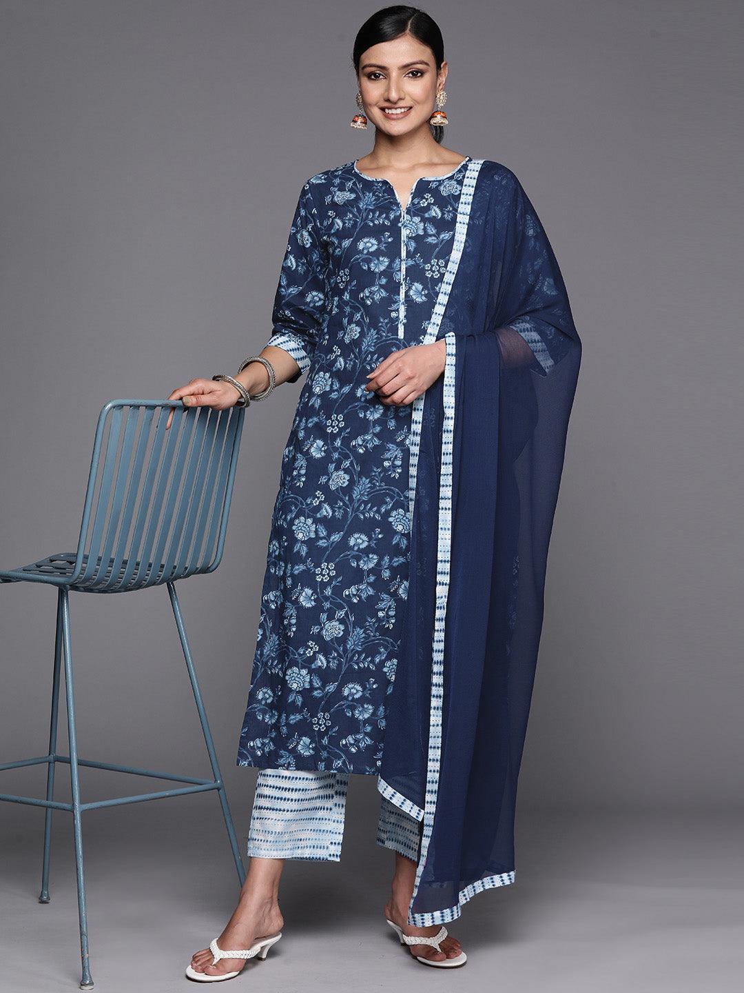 Blue Cotton Printed Straight Suit Set With Trousers - ShopLibas 