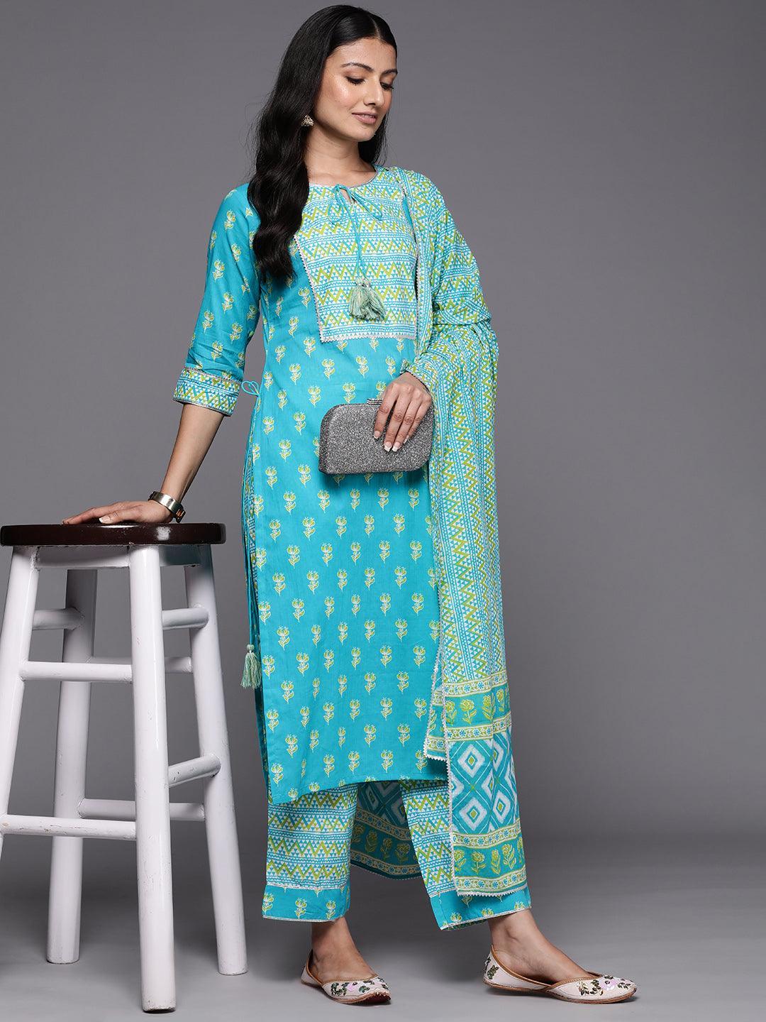 Blue Printed Cotton Straight Suit Set With Trousers - ShopLibas