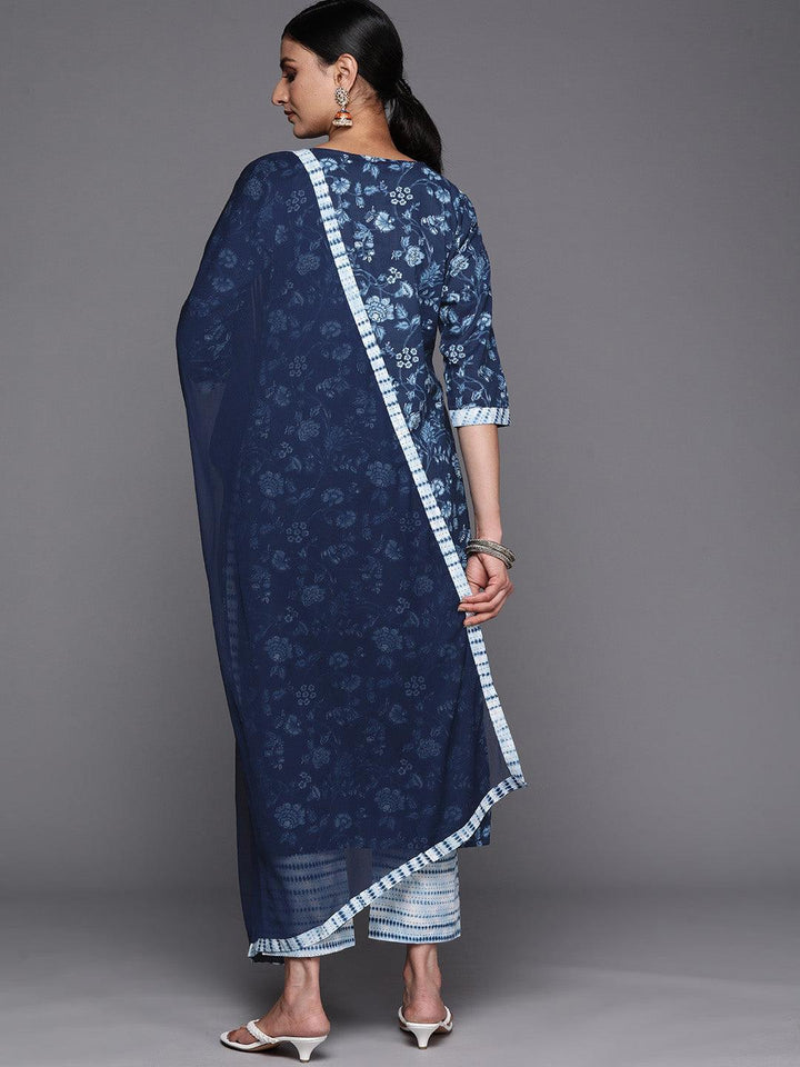 Blue Cotton Printed Straight Suit Set With Trousers