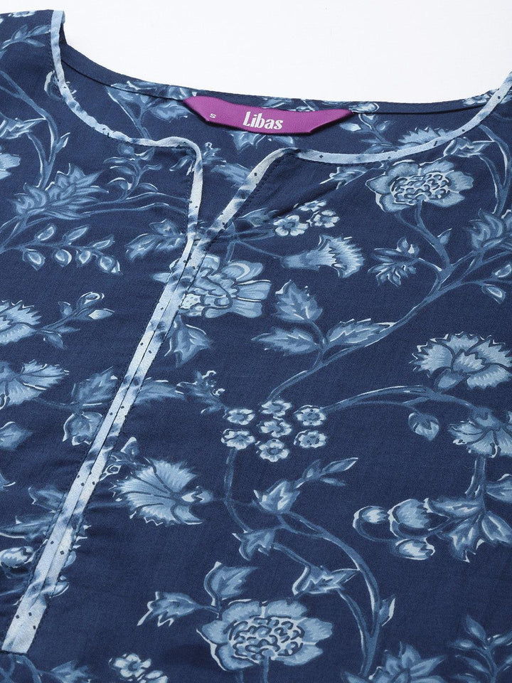 Blue Cotton Printed Straight Suit Set With Trousers