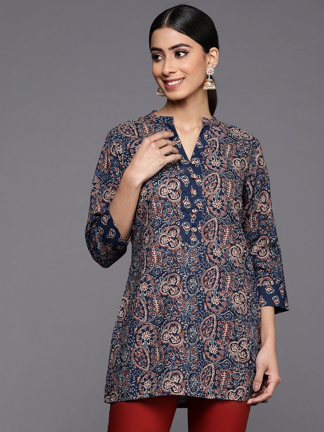 Blue Printed Cotton Straight Kurti - ShopLibas