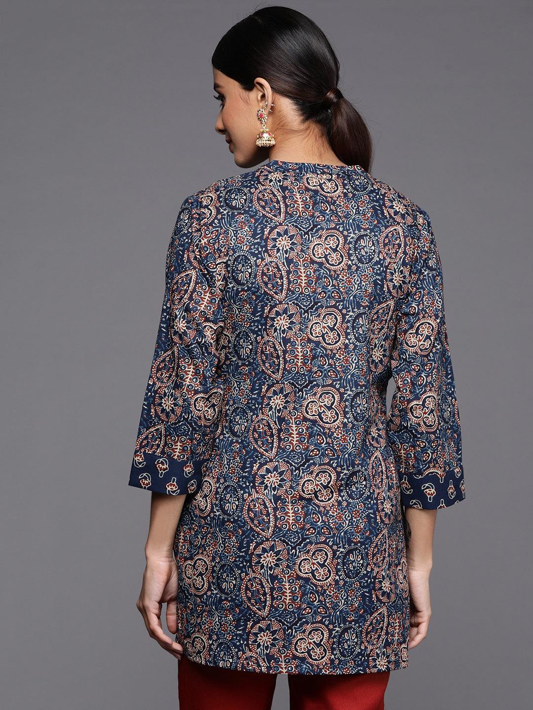 Blue Printed Cotton Straight Kurti - ShopLibas