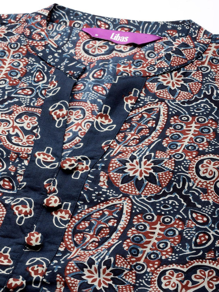 Blue Printed Cotton Straight Kurti - ShopLibas