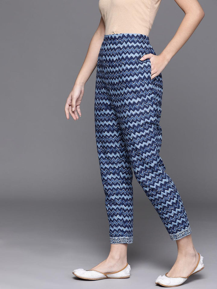 Blue Printed Cotton Trousers - ShopLibas