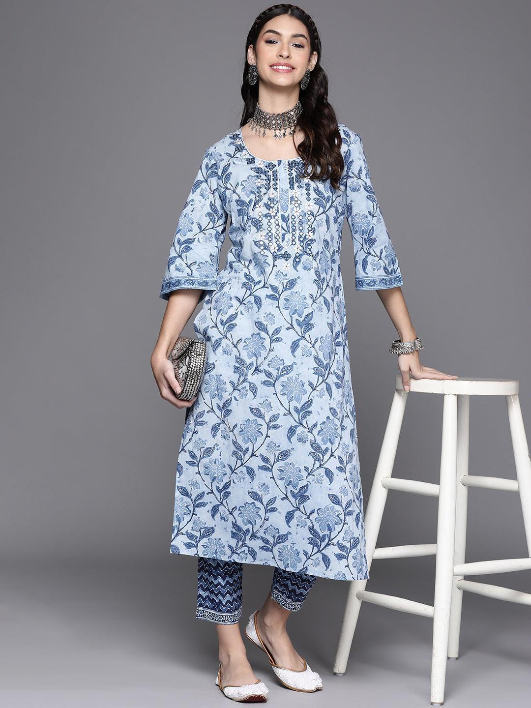 Blue Printed Cotton Trousers - ShopLibas