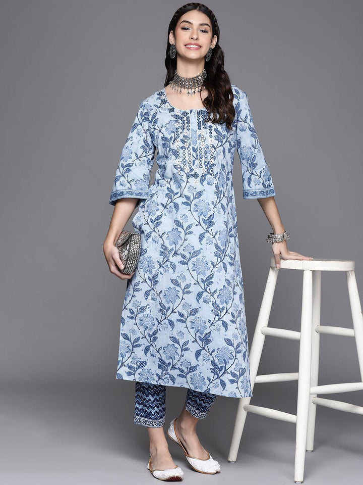 Blue Printed Cotton Trousers - ShopLibas