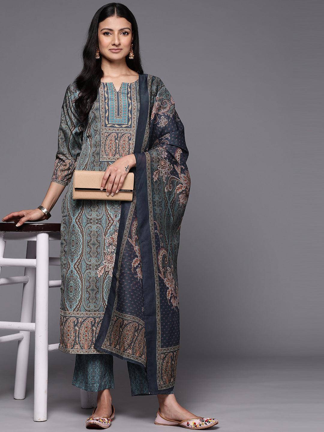 Blue Printed Crepe Straight Suit Set With Trousers - ShopLibas