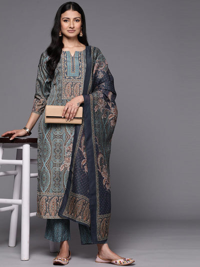 Blue Printed Crepe Straight Suit Set With Trousers - ShopLibas