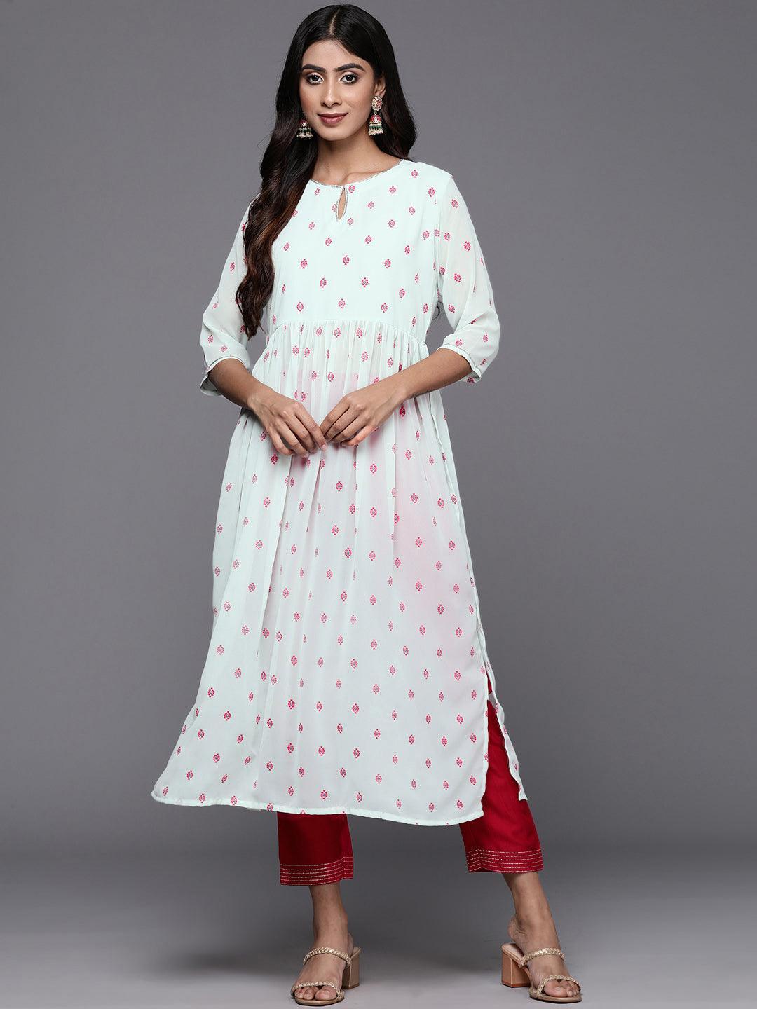 Blue Printed Georgette A-Line Kurta - Libas
