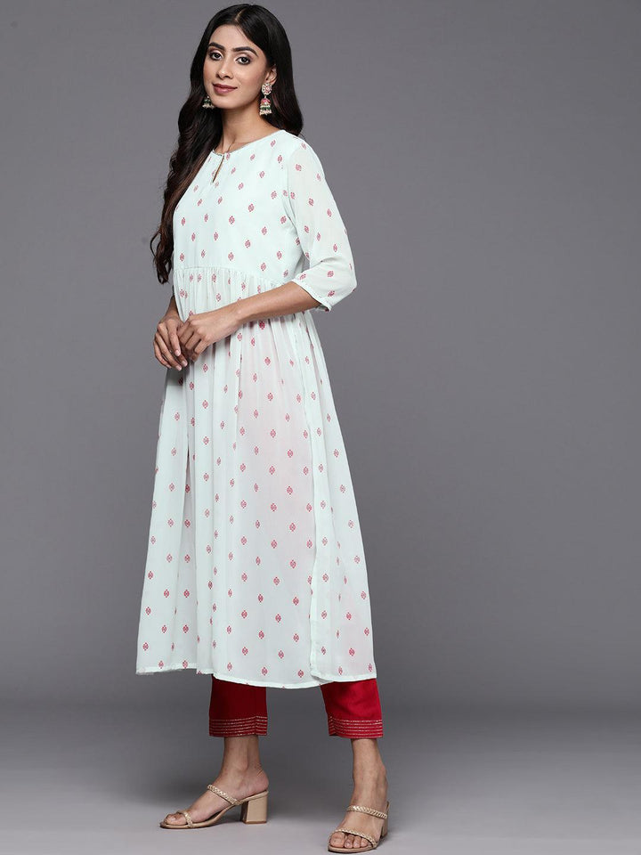 Blue Printed Georgette A-Line Kurta - Libas