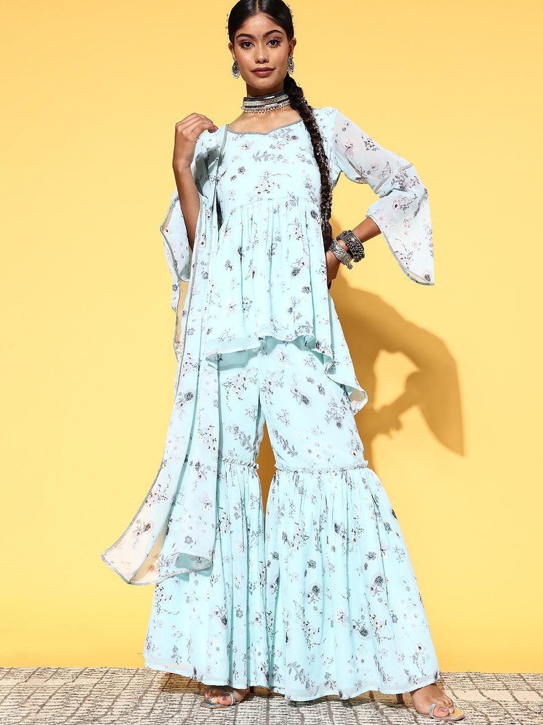 Blue Printed Georgette A-Line Suit Set - ShopLibas
