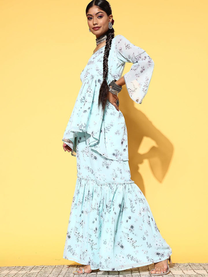 Blue Printed Georgette A-Line Suit Set - ShopLibas