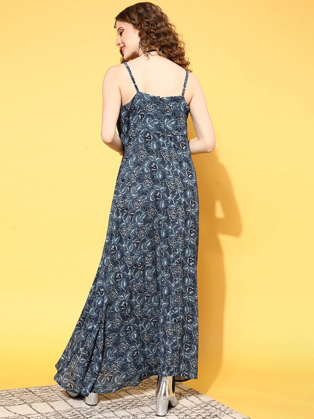Blue Printed Georgette Dress - ShopLibas