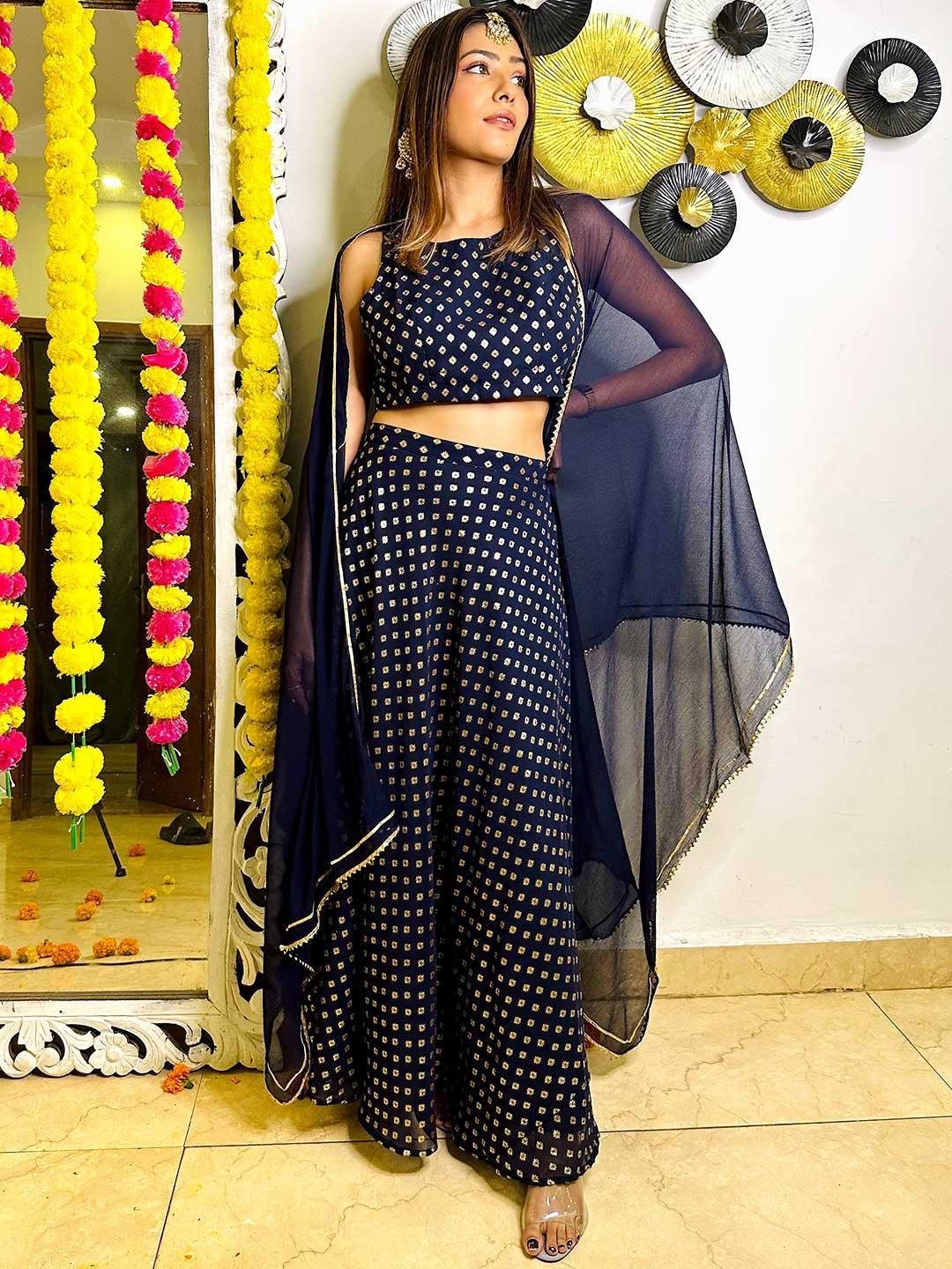 Blue Printed Georgette Lehenga Set - ShopLibas