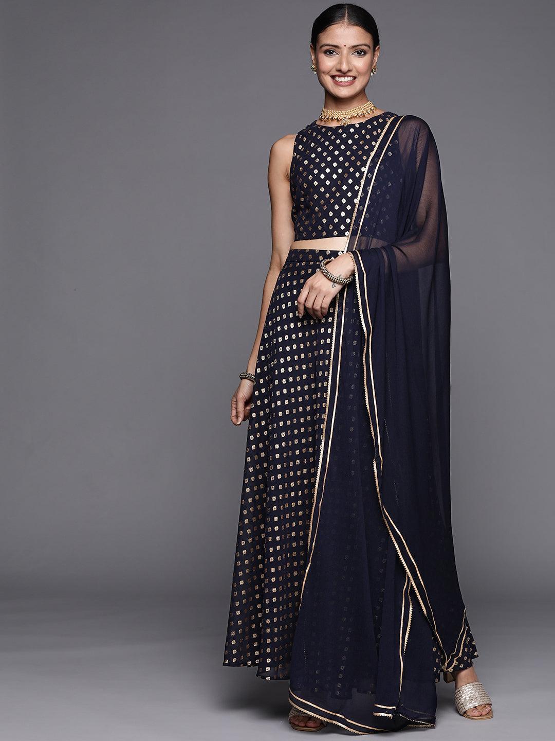 Blue Printed Georgette Lehenga Set - ShopLibas 
