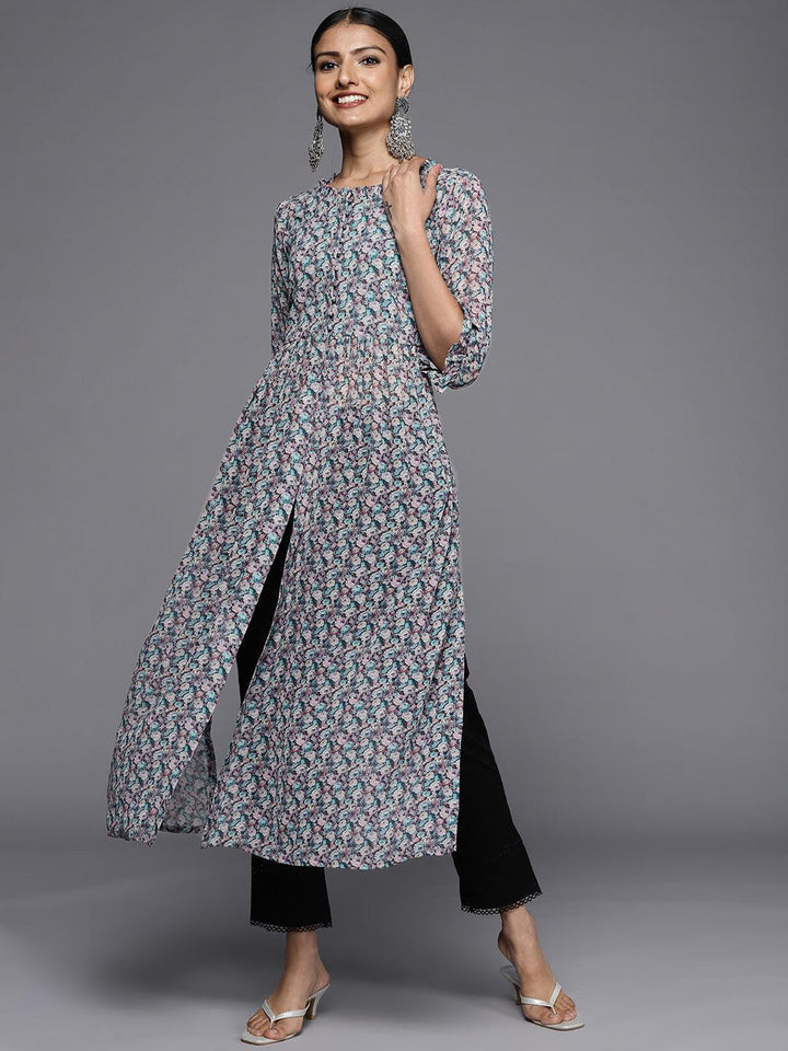 Blue Printed Georgette Straight Kurta - ShopLibas