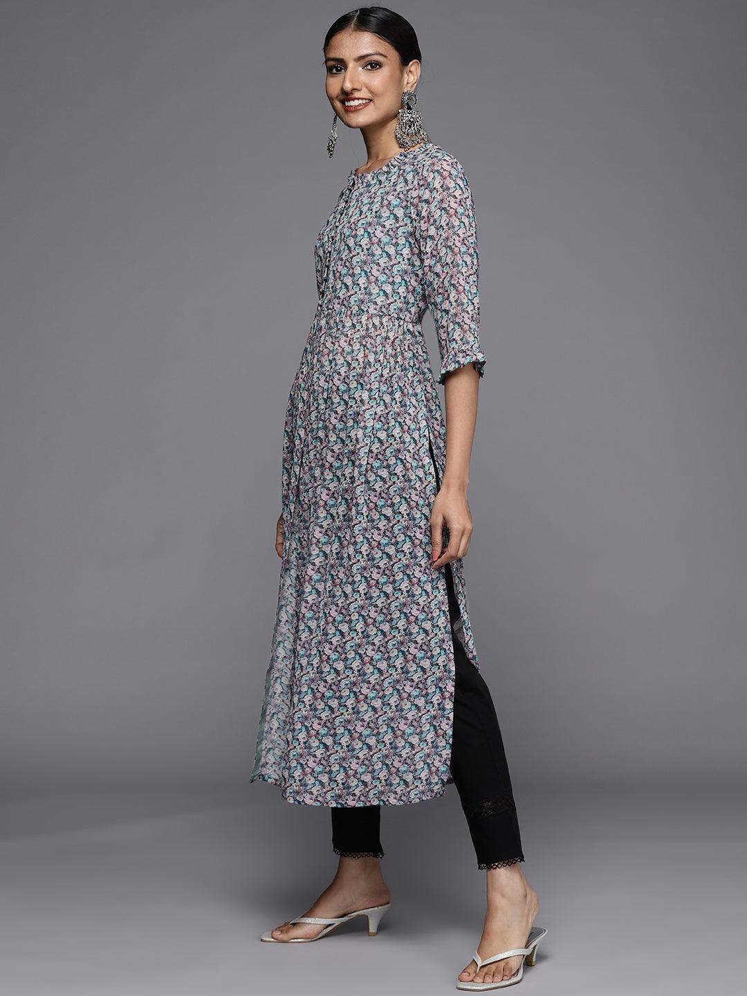 Blue Printed Georgette Straight Kurta - ShopLibas