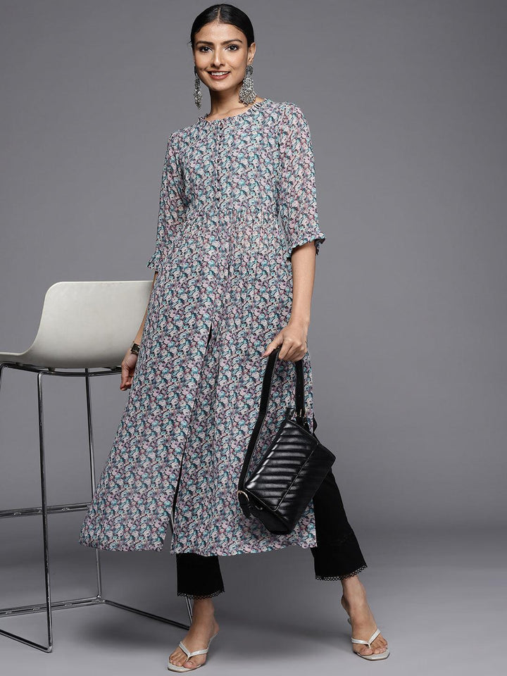 Blue Printed Georgette Straight Kurta - ShopLibas