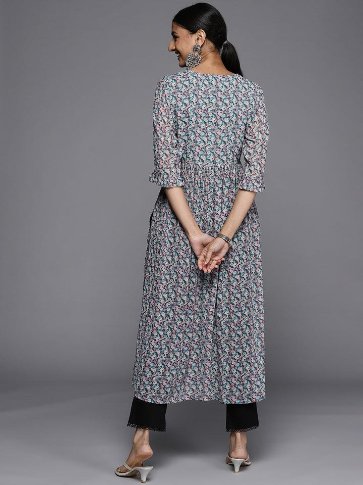 Blue Printed Georgette Straight Kurta - ShopLibas