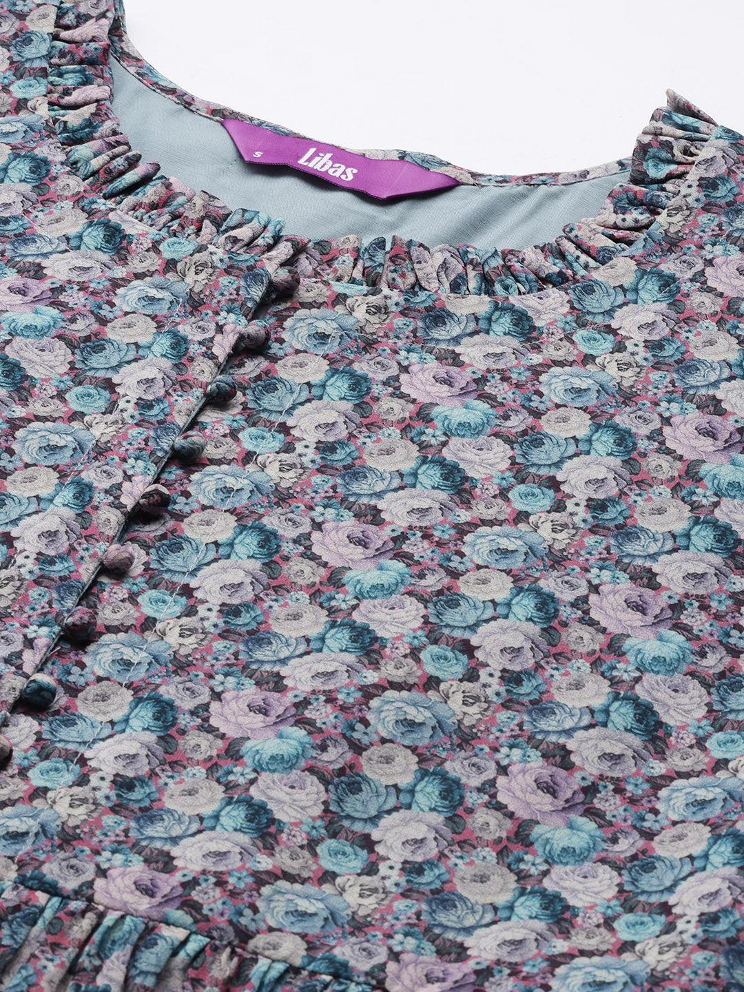 Blue Printed Georgette Straight Kurta - ShopLibas