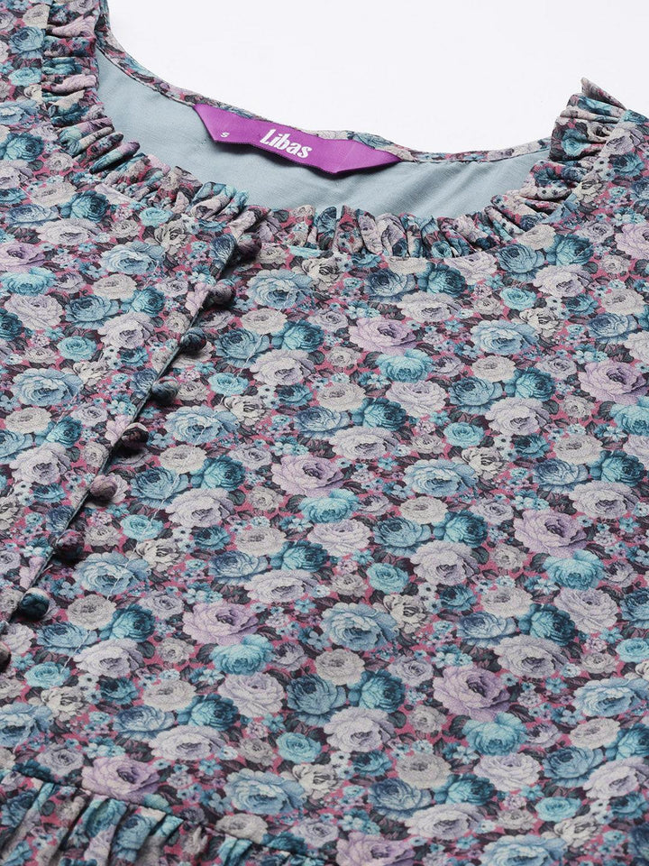Blue Printed Georgette Straight Kurta - ShopLibas