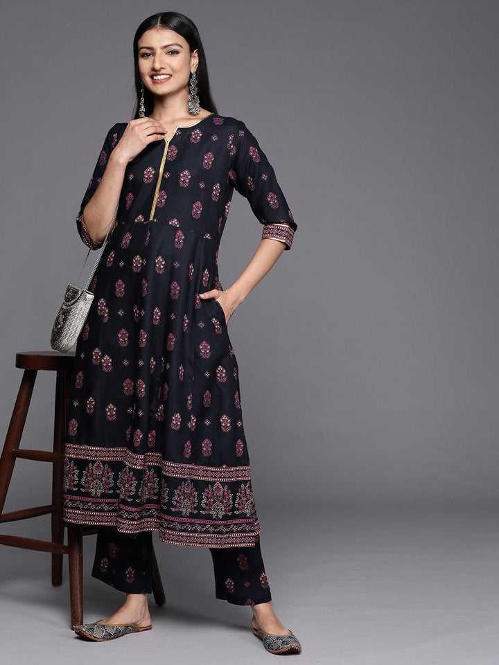 Blue Printed Rayon A-Line Kurta - ShopLibas