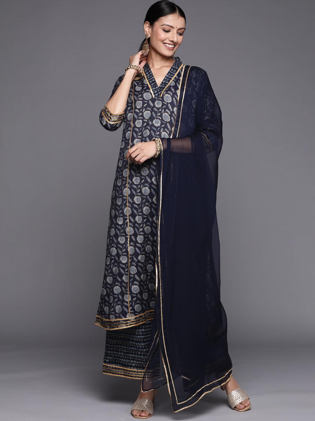 Blue Printed Rayon A-Line Suit Set - ShopLibas