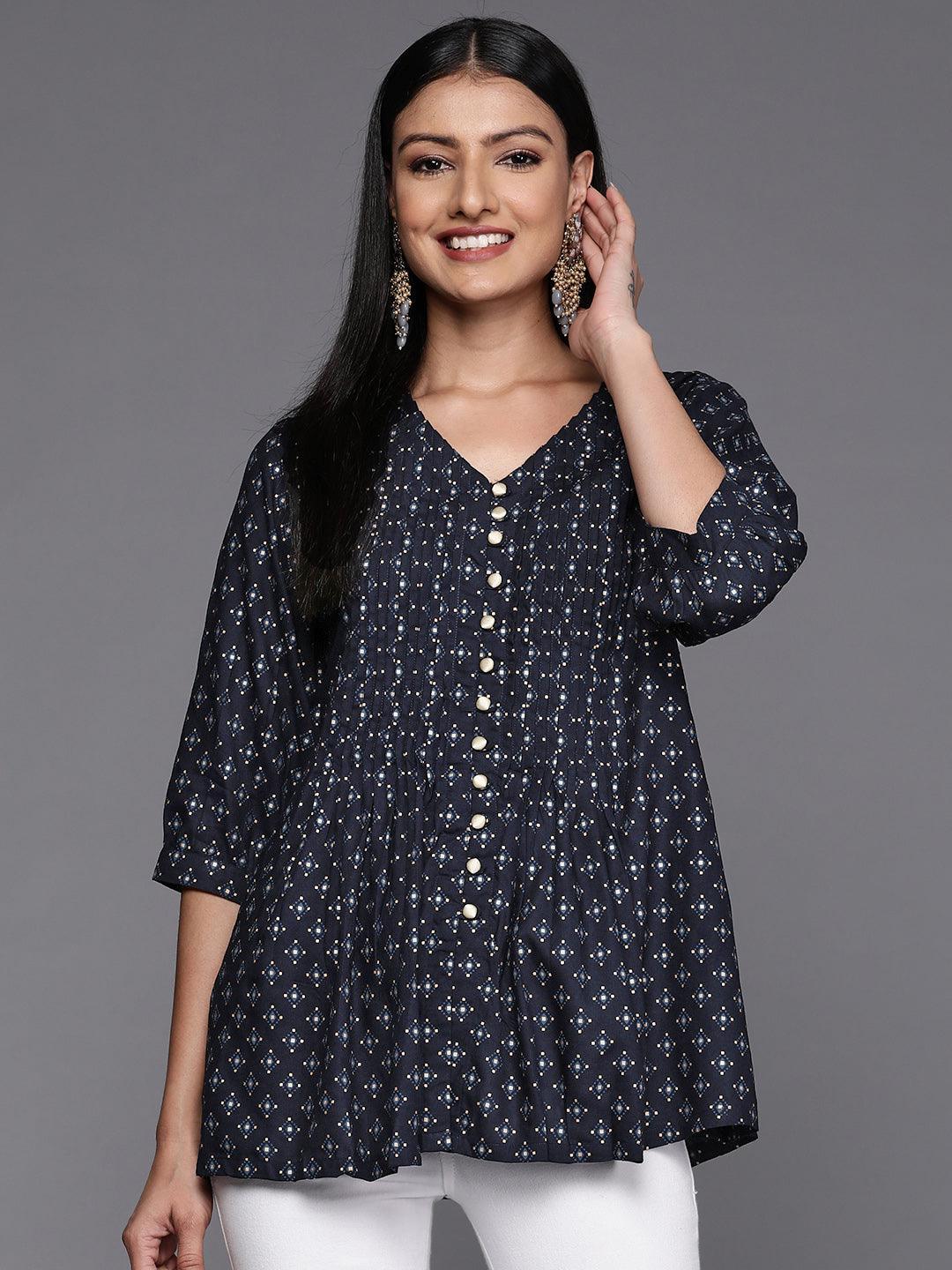 Blue Printed Rayon A-Line Kurti - Libas
