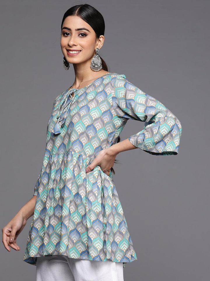 Blue Printed Rayon A-Line Kurti - ShopLibas