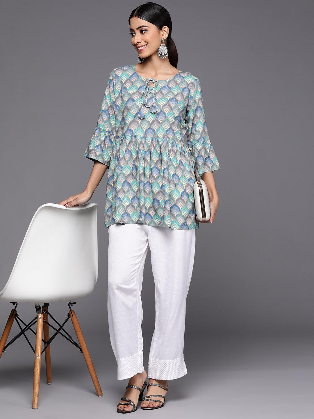 Blue Printed Rayon A-Line Kurti - ShopLibas