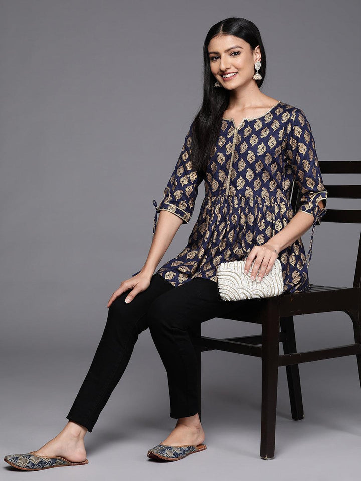 Blue Printed Rayon A-Line Kurti - Libas