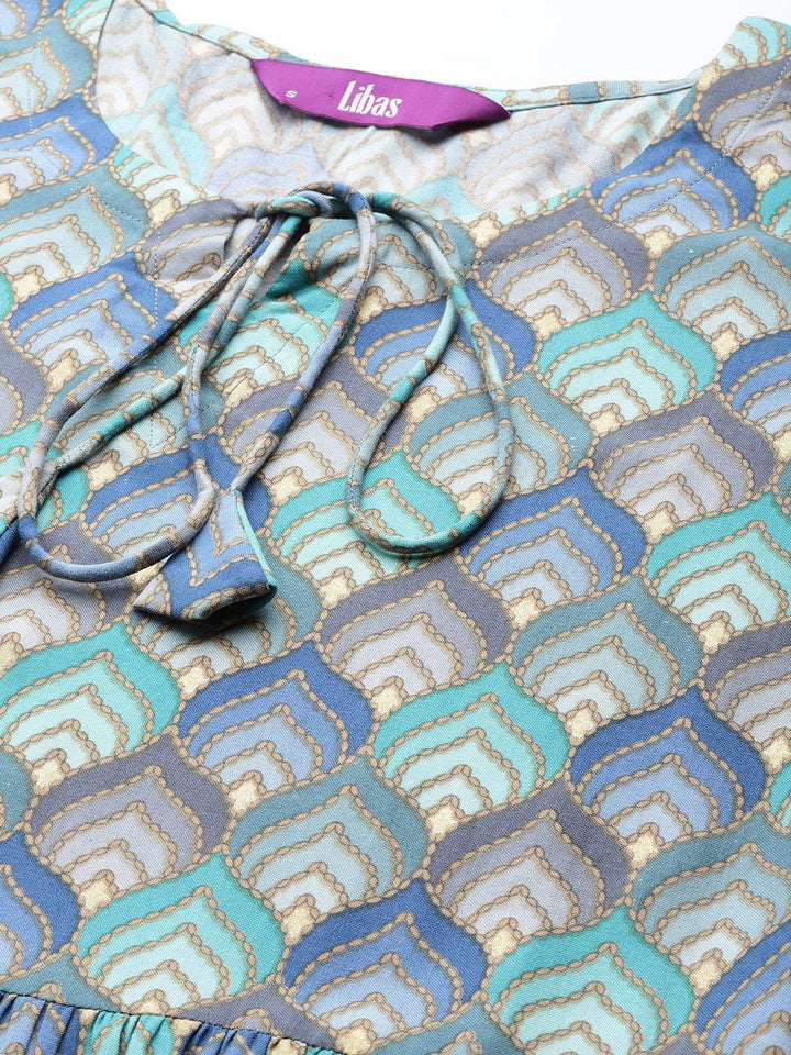 Blue Printed Rayon A-Line Kurti - ShopLibas