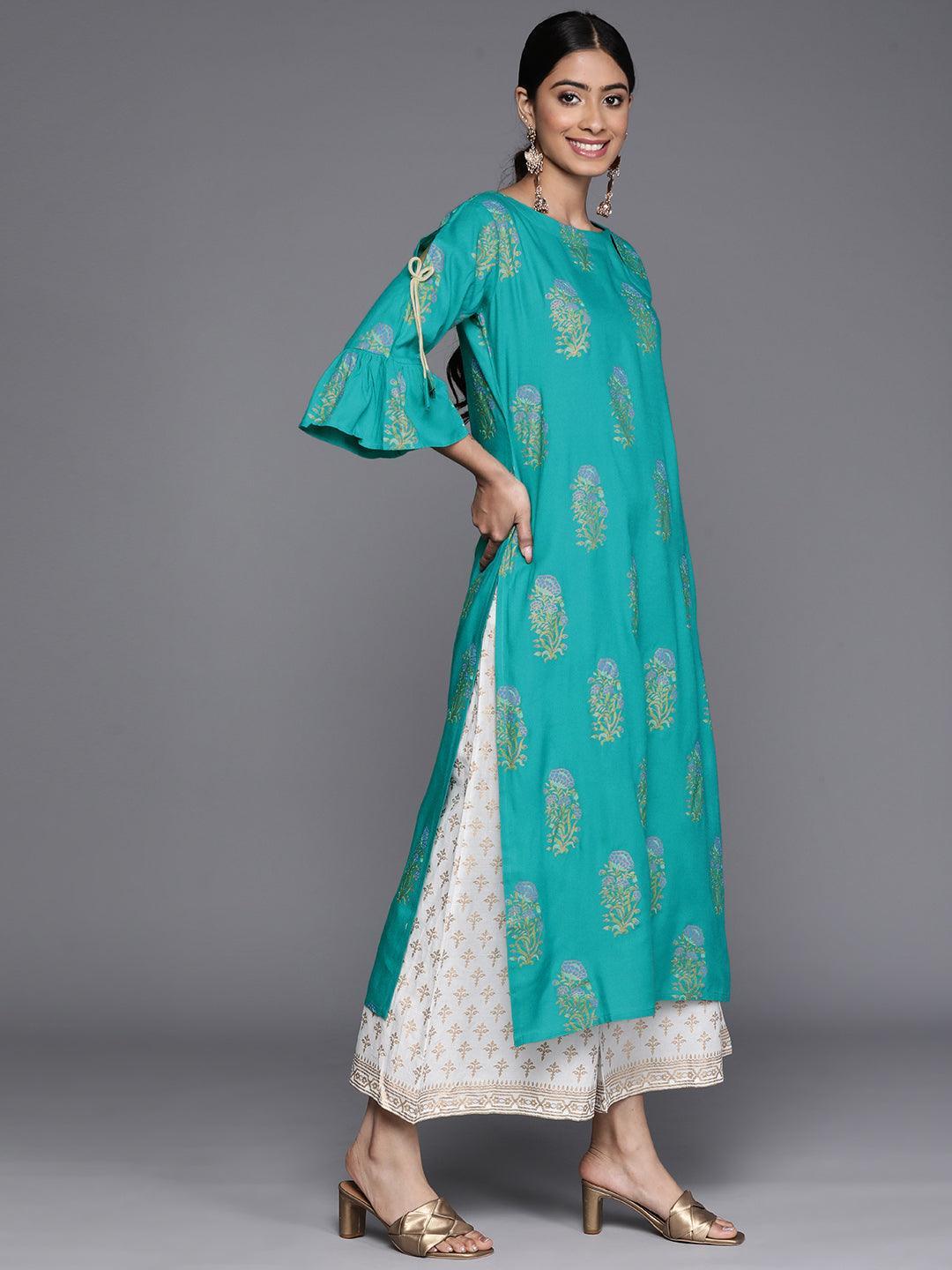 Blue Printed Rayon Straight Kurta - ShopLibas 