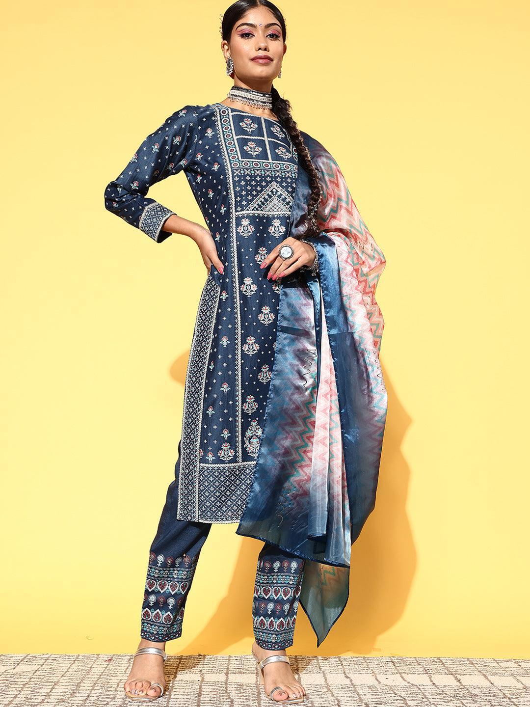 Blue Printed Silk Blend Straight Suit Set - ShopLibas