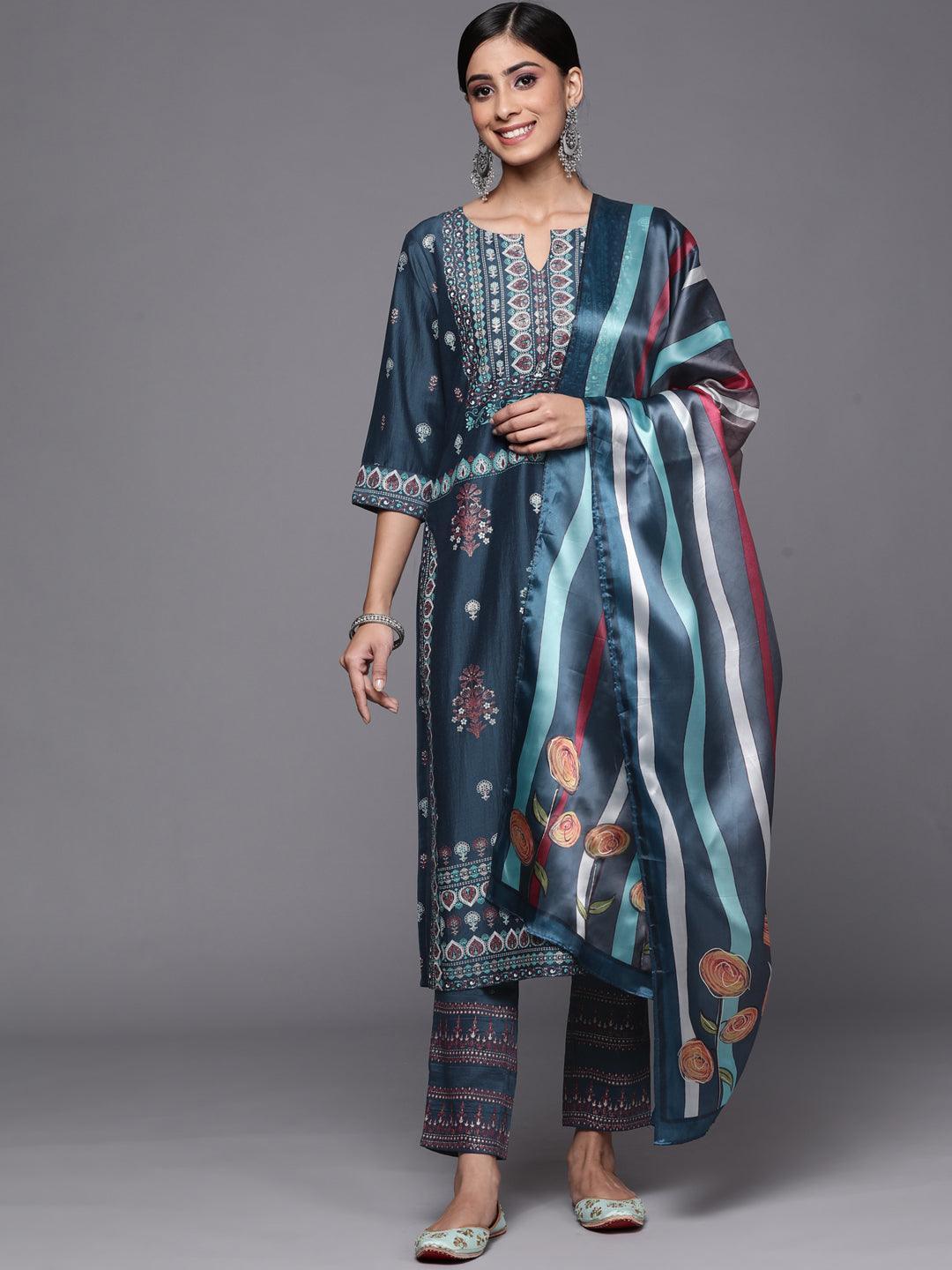 Blue Printed Silk Blend Straight Suit Set - ShopLibas