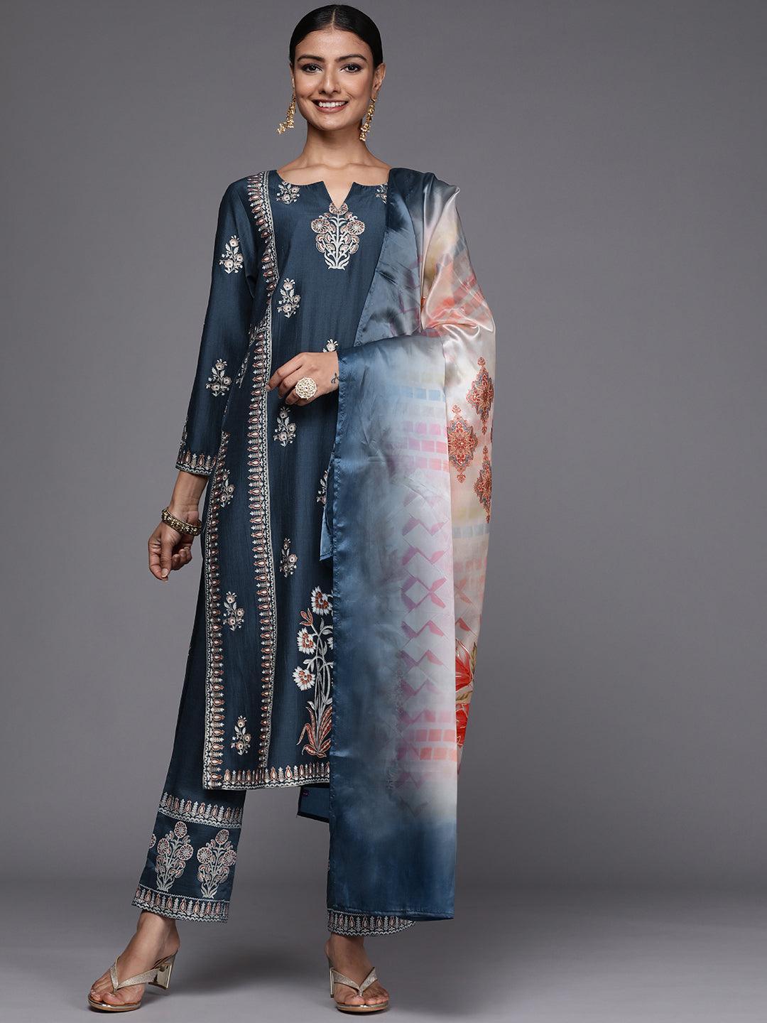 Blue Printed Silk Blend Straight Suit Set - ShopLibas
