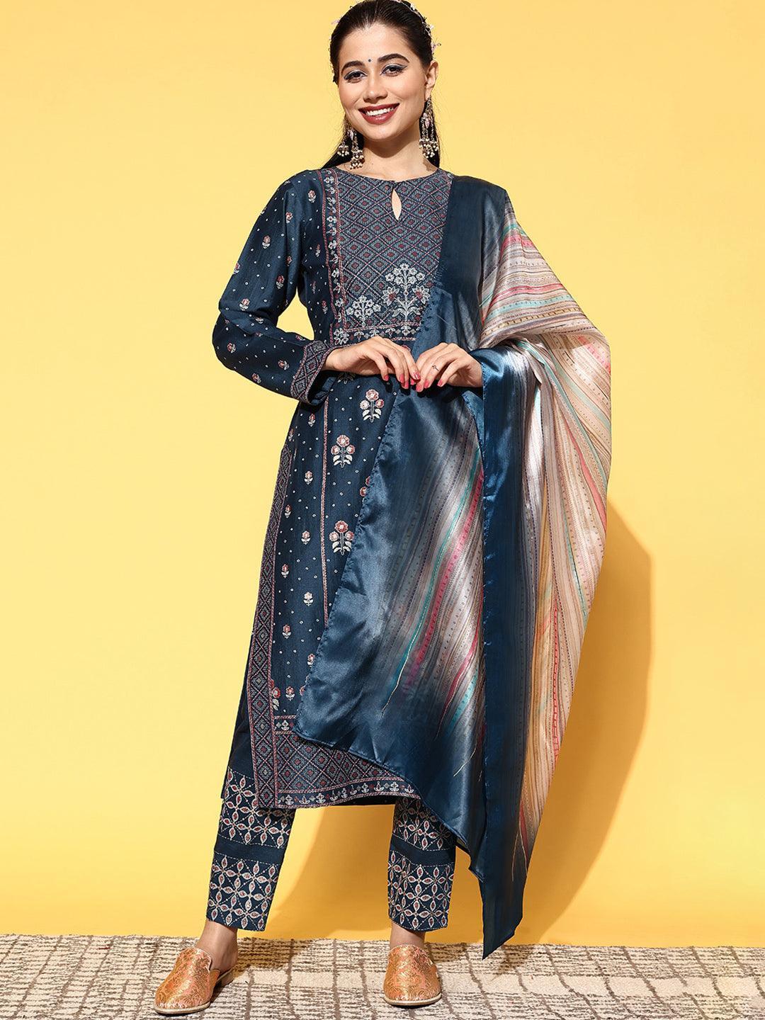 Blue Printed Silk Blend Straight Suit Set - ShopLibas