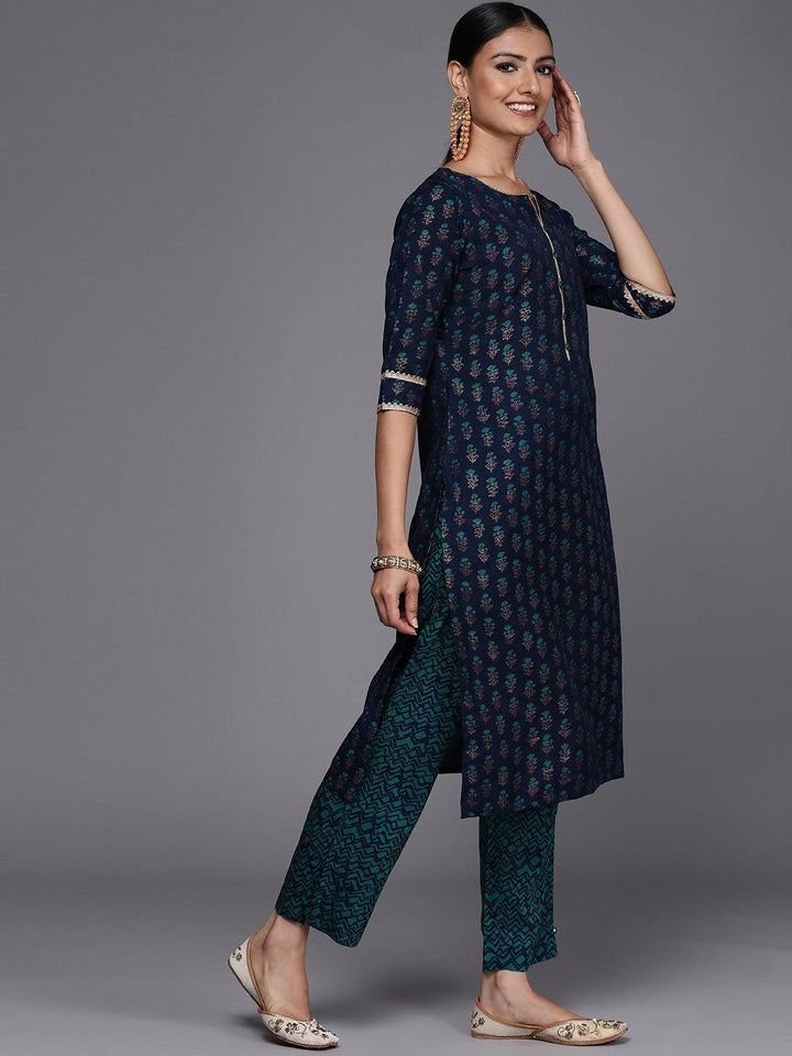 Blue Printed Silk Blend Straight Suit Set - ShopLibas