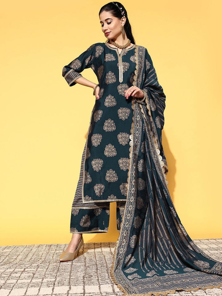 Blue Printed Silk Blend Straight Suit Set - ShopLibas