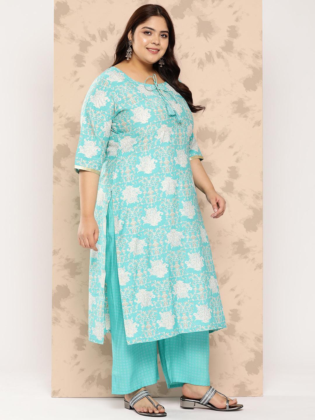 Blue Printed Silk Blend Straight Kurta With Trousers and Dupatta - Libas 