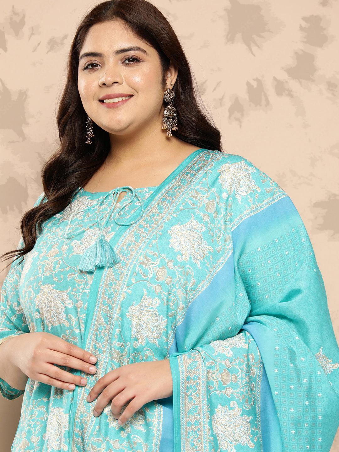 Blue Printed Silk Blend Straight Kurta With Trousers and Dupatta - Libas 