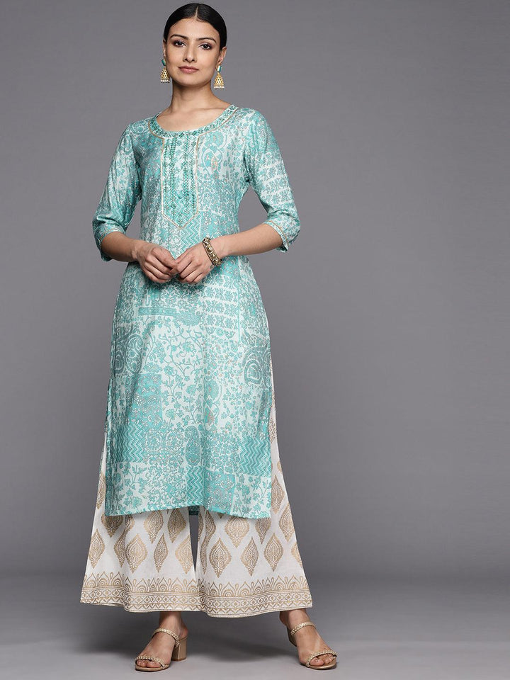 Blue Printed Silk Straight Kurta - ShopLibas