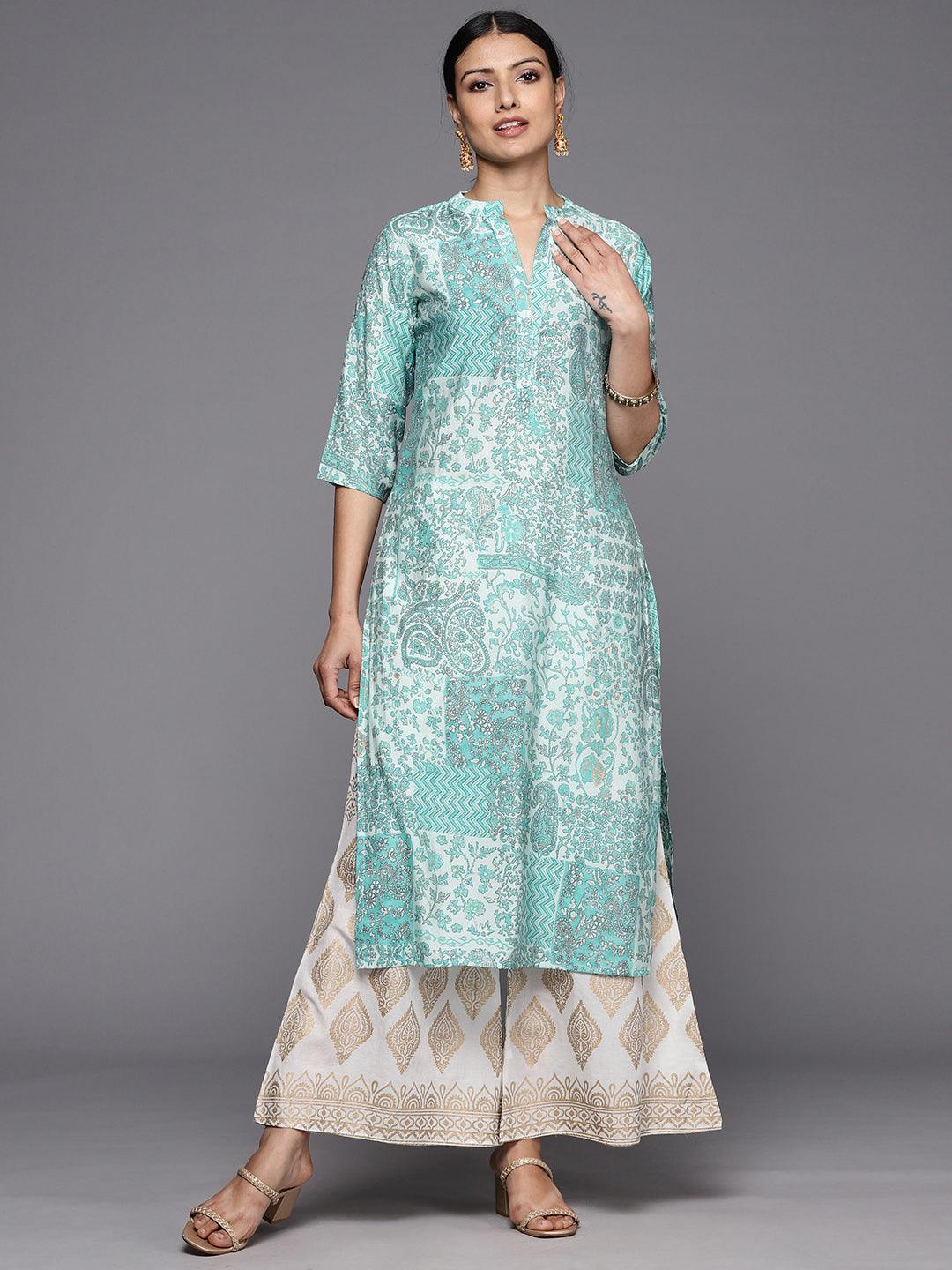 Blue Printed Silk Straight Kurta - ShopLibas