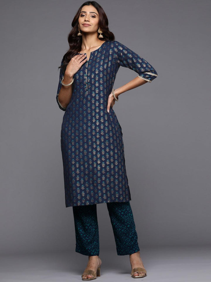 Blue Printed Silk Straight Kurta